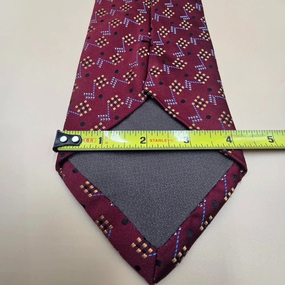 Audrey Buckner Mens Silk Tie Burgundy Geometric Gold Blue Hand Tailored 4 Inch